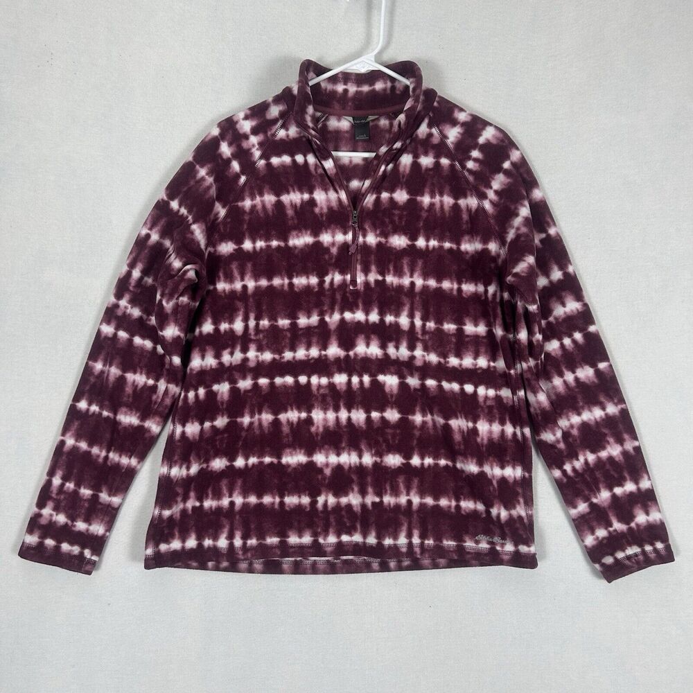 Eddie Bauer Sweater Womens Large Red Tie Dye Striped Fleece 1/4 Zip Pullover Top